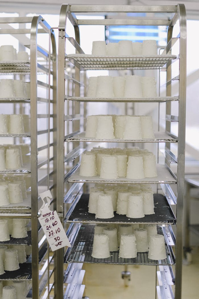 Cheese on racks at a dairy plant shows industrial production process.